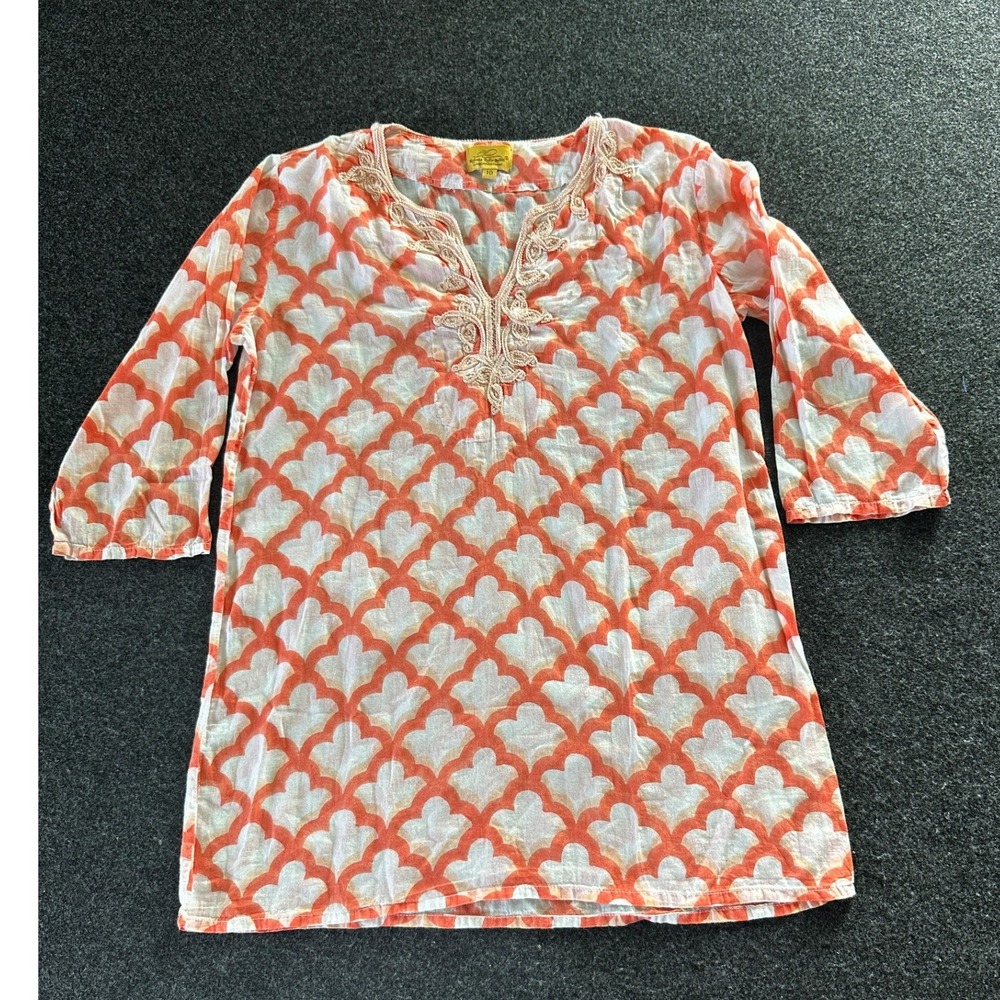 Roberta Roller Rabbit Girls Orange White Geometric Embroidered Cotton Tunic 10